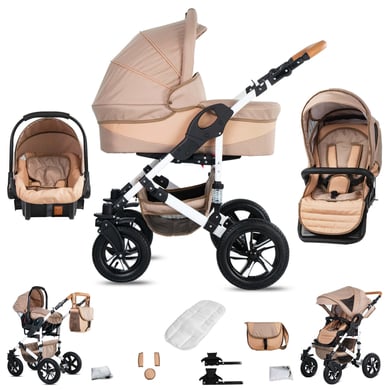 Friedrich Hugo Hamburg / 3 in 1 Kombi Kinderwagen Set / Hartgummireifen Beige & Oatmeal