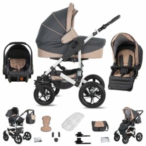 Friedrich Hugo Hamburg / 3 in 1 Kombi Kinderwagen Set / Hartgummireifen Grey & Beige