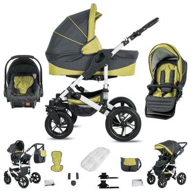 Friedrich Hugo Hamburg / 3 in 1 Kombi Kinderwagen Set / Hartgummireifen Grey & Green