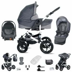 Friedrich Hugo Hamburg / 3 in 1 Kombi Kinderwagen Set / Hartgummireifen Grey & Grey Linen