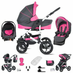 Friedrich Hugo Hamburg / 3 in 1 Kombi Kinderwagen Set / Hartgummireifen Grey & Pink