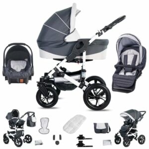 Friedrich Hugo Hamburg / 3 in 1 Kombi Kinderwagen Set / Hartgummireifen Grey & White