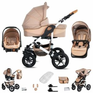 Friedrich Hugo Hamburg / 3 in 1 Kombi Kinderwagen Set / Luftreifen Beige & Oatmeal