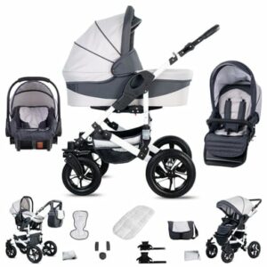 Friedrich Hugo Hamburg / 3 in 1 Kombi Kinderwagen Set / Luftreifen White & Grey