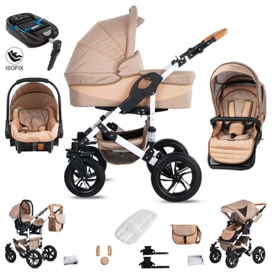 Friedrich Hugo Hamburg / 4 in 1 Kinderwagen Komplettset / ISOFIX Basis / Hartgummireifen Beige & Oatmeal