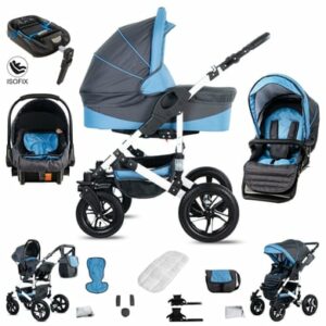 Friedrich Hugo Hamburg / 4 in 1 Kinderwagen Komplettset / ISOFIX Basis / Hartgummireifen Grey & Babyblue