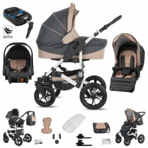 Friedrich Hugo Hamburg / 4 in 1 Kinderwagen Komplettset / ISOFIX Basis / Hartgummireifen Grey & Beige