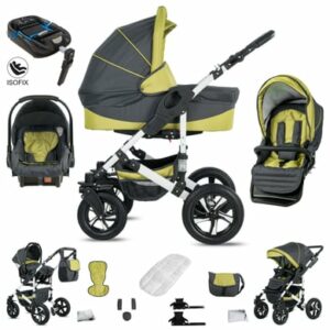 Friedrich Hugo Hamburg / 4 in 1 Kinderwagen Komplettset / ISOFIX Basis / Hartgummireifen Grey & Green