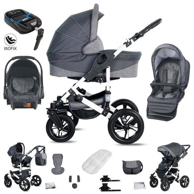 Friedrich Hugo Hamburg / 4 in 1 Kinderwagen Komplettset / ISOFIX Basis / Hartgummireifen Grey & Grey Linen