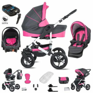 Friedrich Hugo Hamburg / 4 in 1 Kinderwagen Komplettset / ISOFIX Basis / Hartgummireifen Grey & Pink