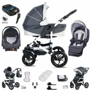 Friedrich Hugo Hamburg / 4 in 1 Kinderwagen Komplettset / ISOFIX Basis / Hartgummireifen Grey & White