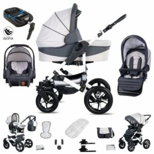 Friedrich Hugo Hamburg / 4 in 1 Kinderwagen Komplettset / ISOFIX Basis / Hartgummireifen White & Grey