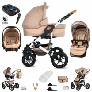 Friedrich Hugo Hamburg / 4 in 1 Kinderwagen Komplettset / ISOFIX Basis / Luftreifen Beige & Oatmeal