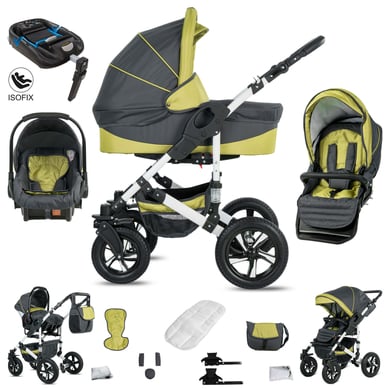 Friedrich Hugo Hamburg / 4 in 1 Kinderwagen Komplettset / ISOFIX Basis / Luftreifen Grey & Green