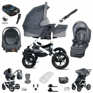 Friedrich Hugo Hamburg / 4 in 1 Kinderwagen Komplettset / ISOFIX Basis / Luftreifen Grey & Grey Linen