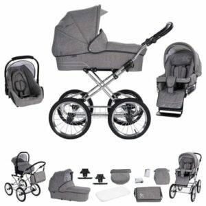 Friedrich Hugo München / 3 in 1 Kombi Kinderwagen Set / Nostalgie Kinderwagen Anthrazit - Rad: Chrom Schwarz