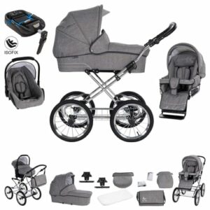 Friedrich Hugo München / 4 in 1 Kinderwagen Komplettset / ISOFIX Basis / Nostalgie Kinderwagen Anthrazit - Rad: Chrom Schwarz