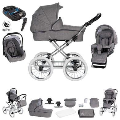 Friedrich Hugo München / 4 in 1 Kinderwagen Komplettset / ISOFIX Basis / Nostalgie Kinderwagen Anthrazit - Rad: Chrom Weiß