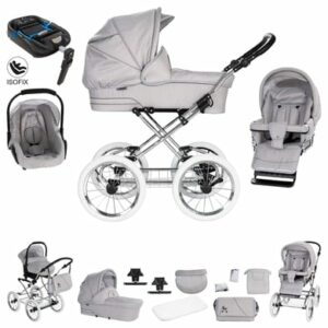 Friedrich Hugo München / 4 in 1 Kinderwagen Komplettset / ISOFIX Basis / Nostalgie Kinderwagen Silbergrau - Rad: Chrom Weiß