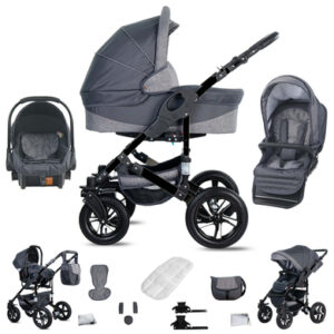 Friedrich Hugo Münster / 3 in 1 Kombi Kinderwagen Set / Hartgummireifen Grey & Grey Linen