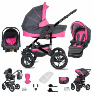 Friedrich Hugo Münster / 3 in 1 Kombi Kinderwagen Set / Hartgummireifen Grey & Pink