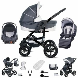 Friedrich Hugo Münster / 3 in 1 Kombi Kinderwagen Set / Hartgummireifen Grey & White