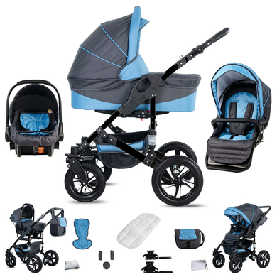 Friedrich Hugo Münster / 3 in 1 Kombi Kinderwagen Set / Luftreifen Grey & Babyblue