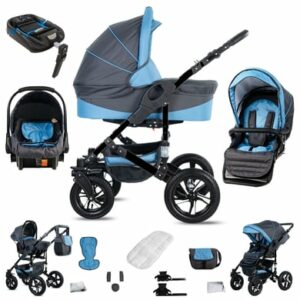 Friedrich Hugo Münster / 4 in 1 Kinderwagen Komplettset / ISOFIX Basis / Hartgummireifen Grey & Babyblue