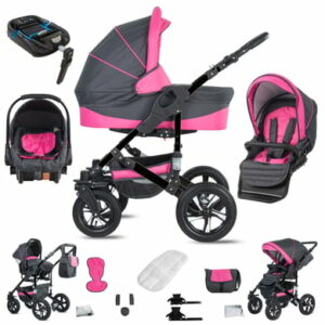 Friedrich Hugo Münster / 4 in 1 Kinderwagen Komplettset / ISOFIX Basis / Hartgummireifen Grey & Pink