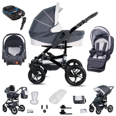 Friedrich Hugo Münster / 4 in 1 Kinderwagen Komplettset / ISOFIX Basis / Hartgummireifen Grey & White