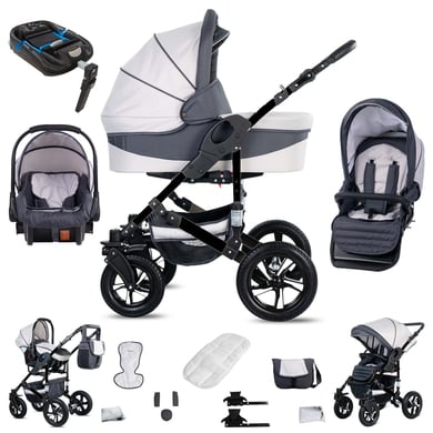 Friedrich Hugo Münster / 4 in 1 Kinderwagen Komplettset / ISOFIX Basis / Hartgummireifen White & Grey