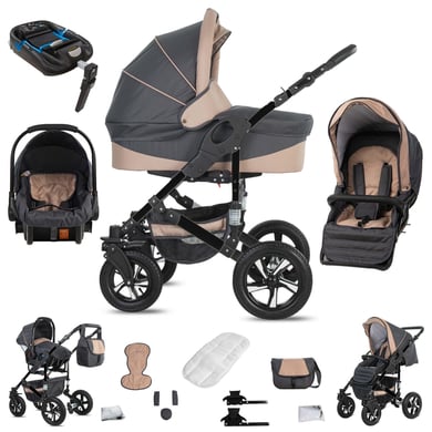 Friedrich Hugo Münster / 4 in 1 Kinderwagen Komplettset / ISOFIX Basis / Luftreifen Grey & Beige