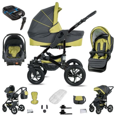 Friedrich Hugo Münster / 4 in 1 Kinderwagen Komplettset / ISOFIX Basis / Luftreifen Grey & Green