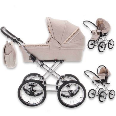 Friedrich Hugo Natureline / 3 in 1 Kombi Kinderwagen Set / Öko Nostalgie Kinderwagen Hugo Silver