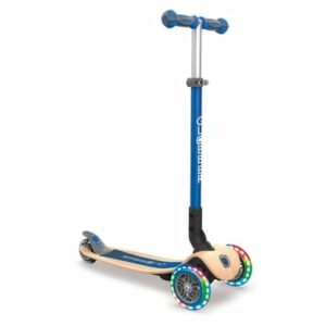 GLOBBER Scooter PRIMO FOLDABLE WOOD LIGHTS dunkelblau - mit Leuchtrollen und Holzdeck