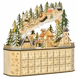 HOMCOM Adventskalender mit LED Lichtern und kleinem Dorf natur