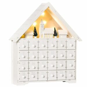 HOMCOM Adventskalender mit LED Lichtern und kleinem Dorf weiß