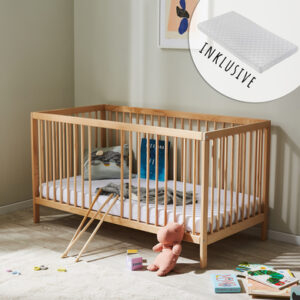 Kids Collective Babybett Gitterbett 60x120 / 70x140 höhenverstellbar & herausnehmbare Sprossen natur mit Matratze