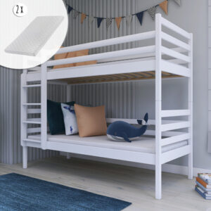 Kids Collective Hochbett 90x200 Etagenbett mit Rausfallschutz und Lattenrost weiß mit Matratze