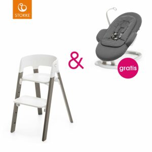 STOKKE® Steps™ Hochstuhl weiß Buche Hazy Grey mit gratis Babywippe White Deep Grey