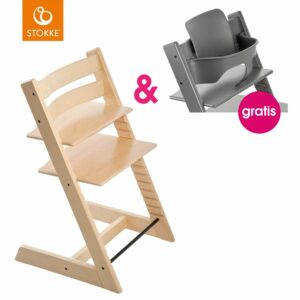 STOKKE® Tripp Trapp® Hochstuhl Buche natur + gratis Baby Set Storm Grey