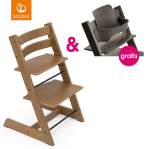 STOKKE® Tripp Trapp® Hochstuhl Oak braun + gratis Baby Set Hazy Grey