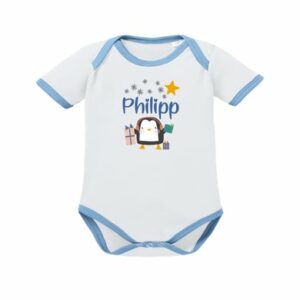 Schnullireich Baby Body (Kurzarm) mit Namen Pinguin (Sporty) Weiß