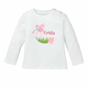 Schnullireich Baby Shirt (Langarm) mit Namen Einhorn Weiß