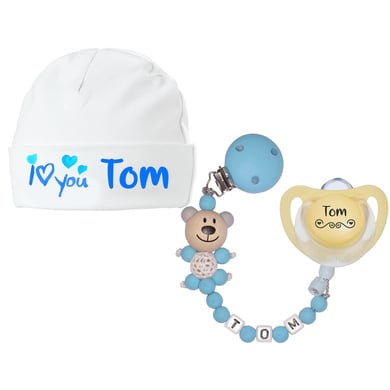 Schnullireich Geschenkset mit Namen I Love You (0-6 Mon) Junge Blau