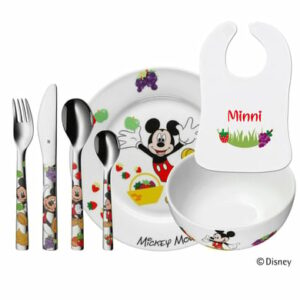 Schnullireich Geschenkset mit Namen Mickey Mouse: WMF Kinderbesteck + Teller/Schale+ Lätzchen Silber
