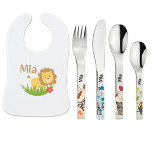 Schnullireich Geschenkset mit Namen Natura: Puresigns Kinderbesteck + Lätzchen Löwe Silber