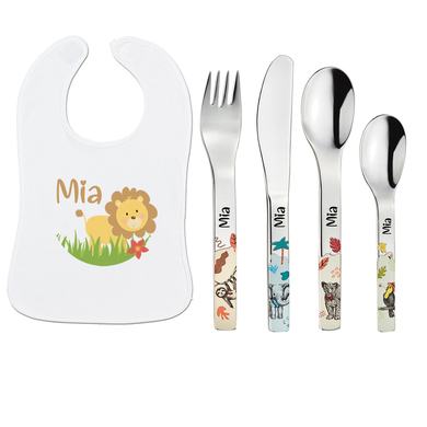 Schnullireich Geschenkset mit Namen Natura: Puresigns Kinderbesteck + Lätzchen Löwe Silber