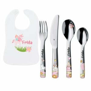 Schnullireich Geschenkset mit Namen WMF Kinderbesteck Anneli + Baby Lätzchen Einhorn Silber