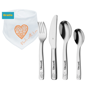 Schnullireich Geschenkset mit Namen WMF Kinderbesteck Farm + Gratis Sabberlätzchen Love Silber